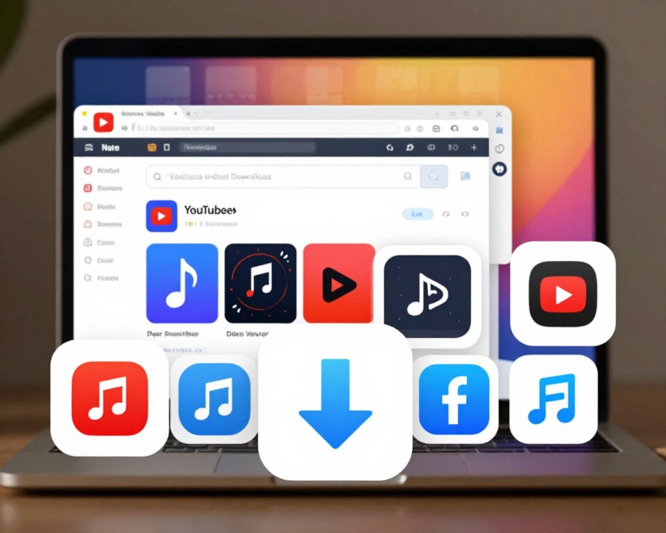 An array of digital tools and software icons representing YouTube video downloading techniques, displayed on a modern computer desktop. In the foreground, vibrant icons for various downloading applications, such as music notes and download arrows, reflect a sense of efficiency. The middle layer features an open software window showing a user-friendly interface with a search bar and playful graphics related to music and video downloads. In the background, a subtly blurred laptop screen glows softly, illuminated with warm lighting. The workspace is clean and organized, enhancing a professional atmosphere. The overall mood is innovative and tech-savvy, with a hint of excitement for the possibilities of downloading music and videos from YouTube.